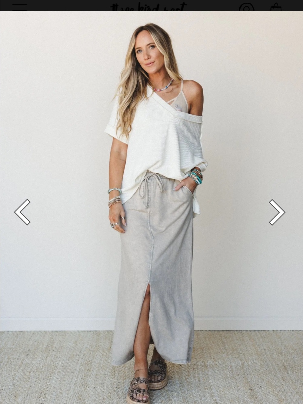 NWOT Three Bird Nest Sunfade Drawstring Front Slit Maxi Skirt in Sleet